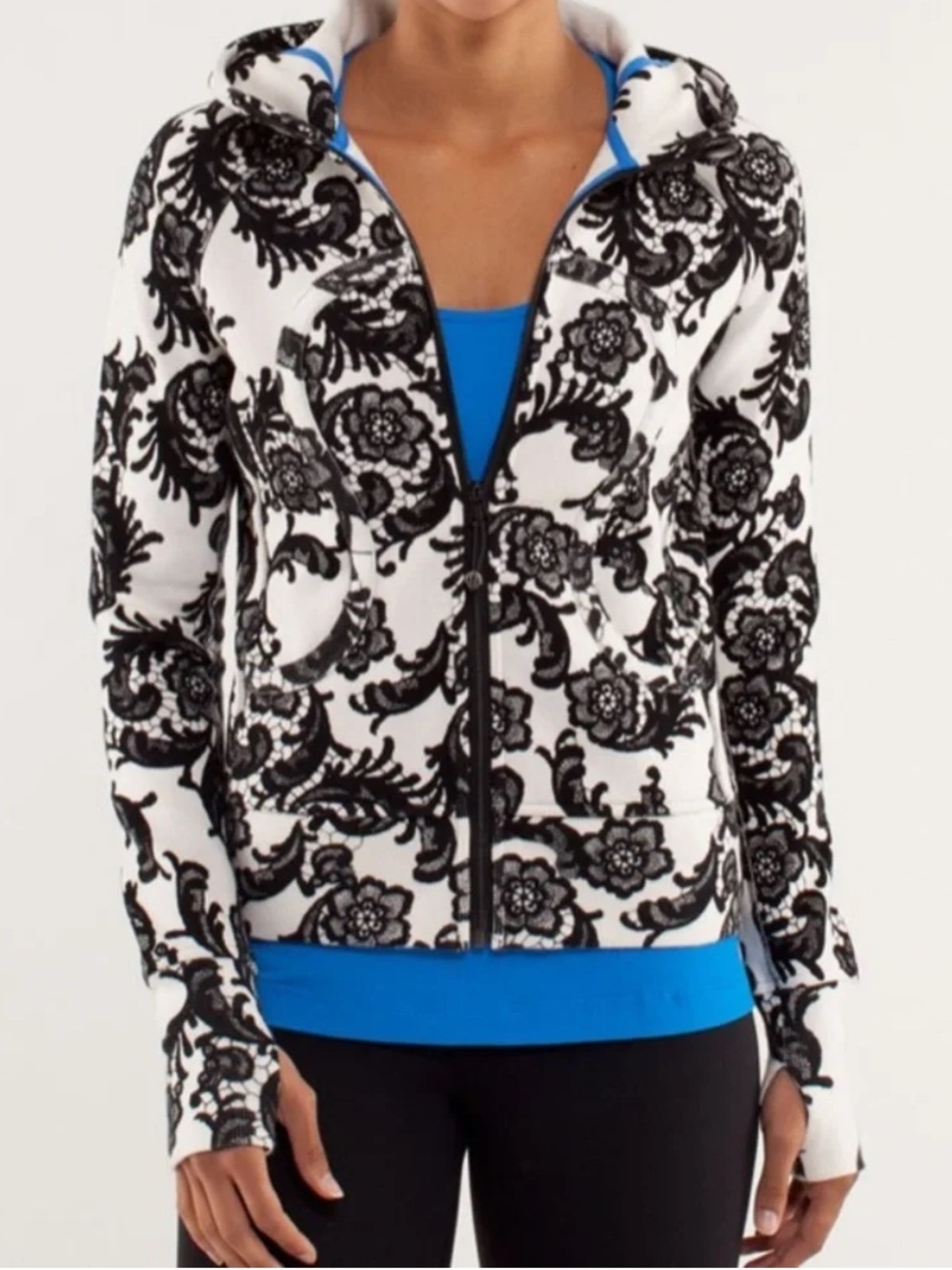 Lululemon Black & White Floral Full Zip Fitted Scuba